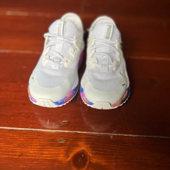 Puma white sneakers pink and purple swirl on the bottom size 11 little girls - Picture 2 of 9